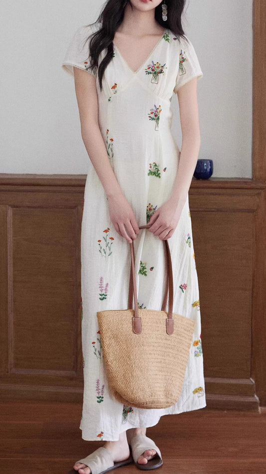 Plus Size White V-Neck Short Sleeve Floral Embroidered Maxi Dress