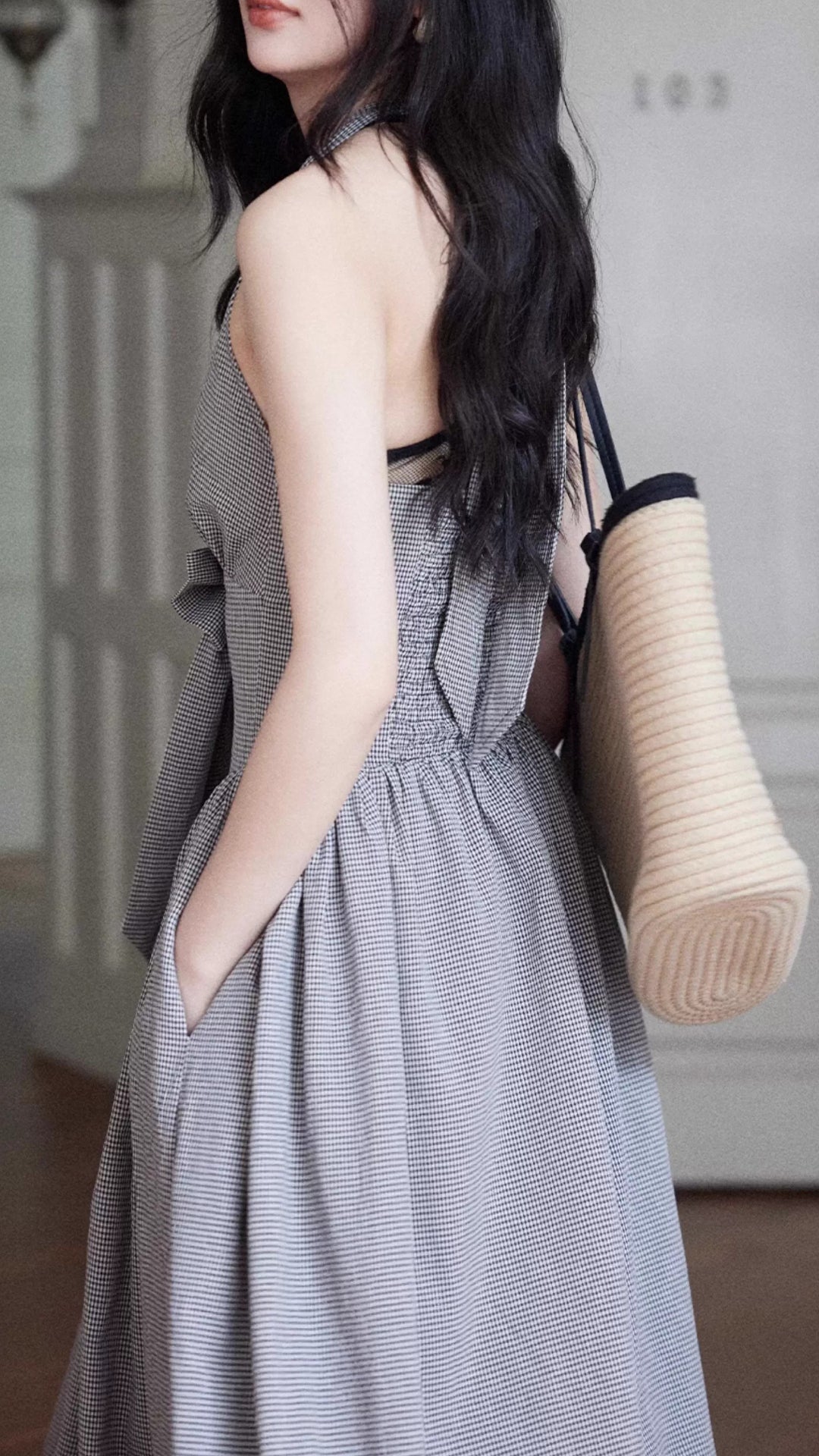 Gray Gingham Halter Neck Maxi Dress