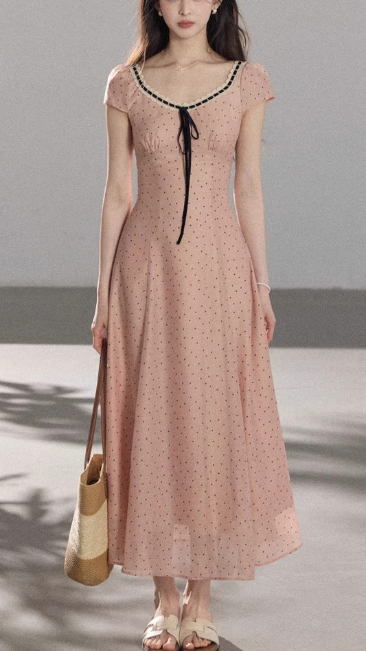 Vintage Pink Polka Dot Lace Trim Midi Dress