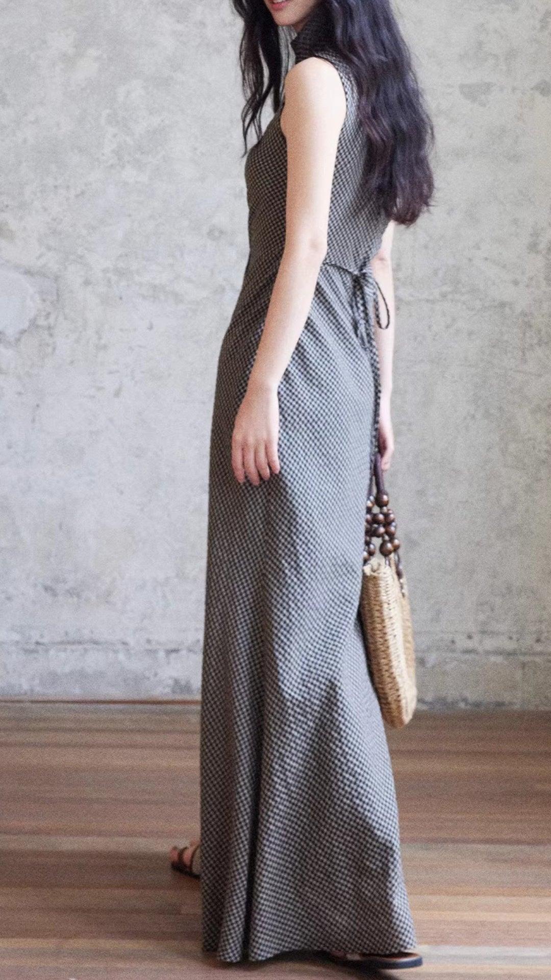 Plus Size Gray Houndstooth High Neck Tie Detail Sleeveless Maxi Dress