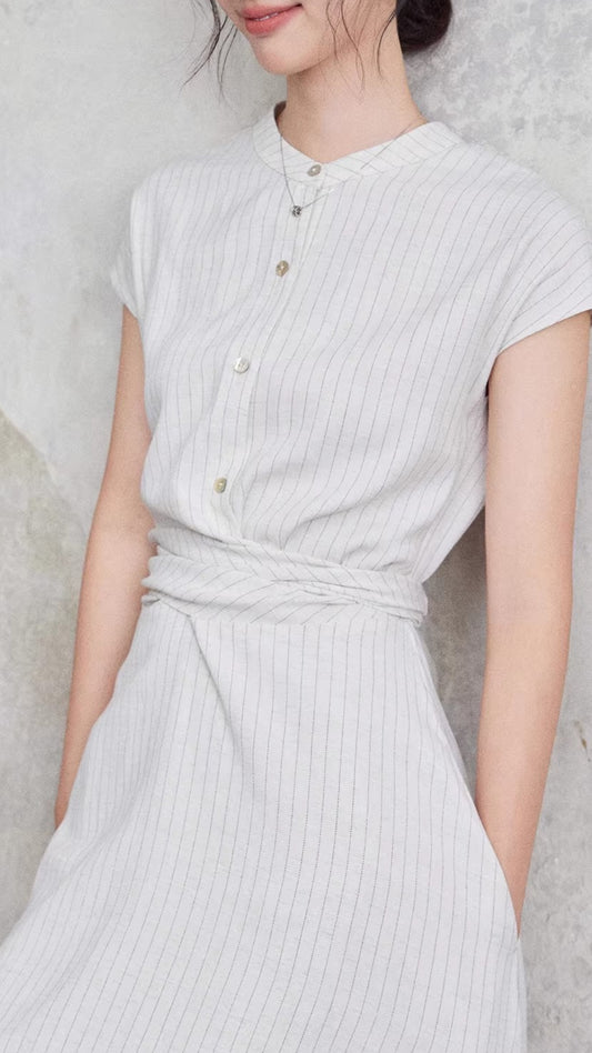 Light Gray Striped Stand Collar Button Front Cap Sleeve Waist Tie Maxi Dresses Summer