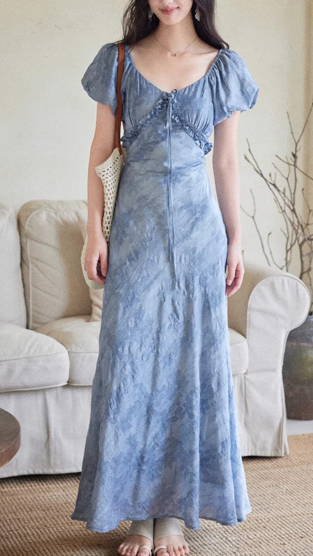Elegant Blue Tie-Dye Puff Sleeve Midi Tencel Dress