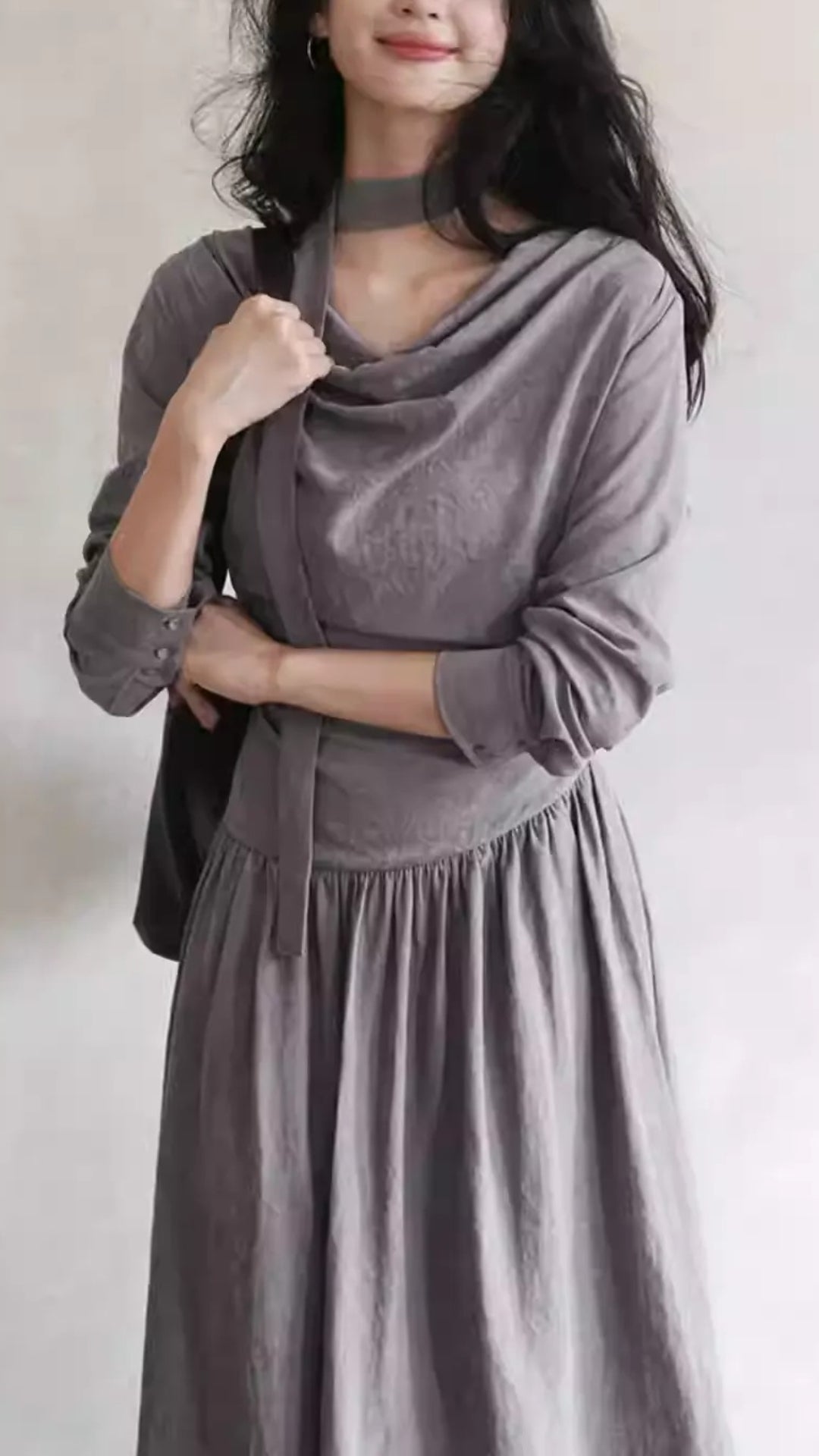 Vintage Olive Green Cowl Neck Halter Tie Long Sleeve Maxi Dress