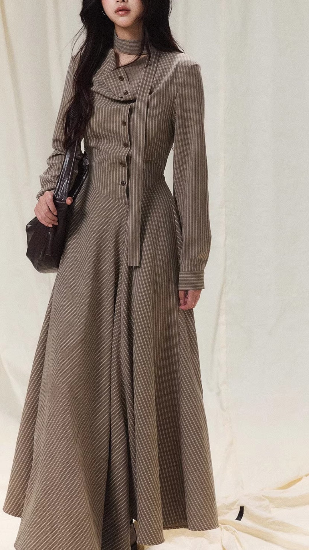 Vintage Khaki Stripe Long Sleeve Midi Shirt Dress