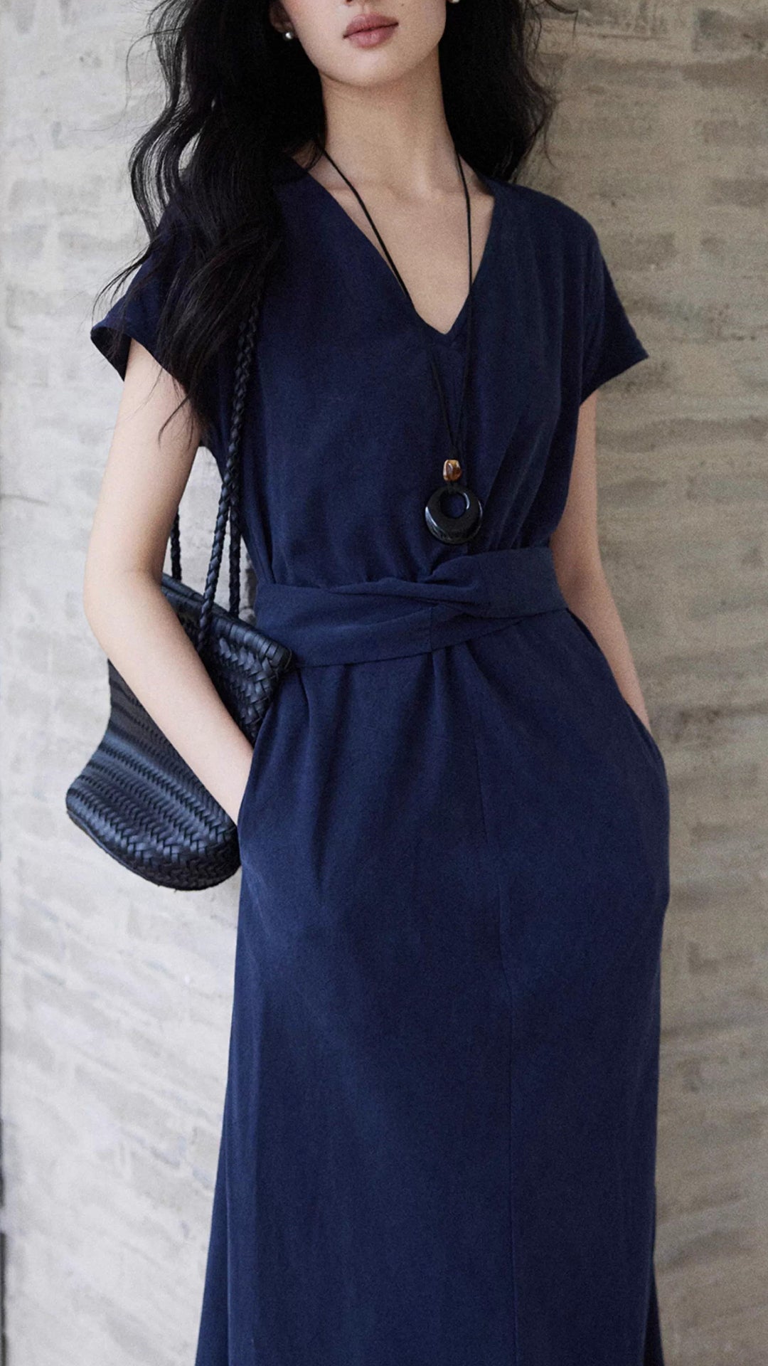 Plus Size Navy Blue V-Neck Short Sleeve Belted Pocket Maxi Dress