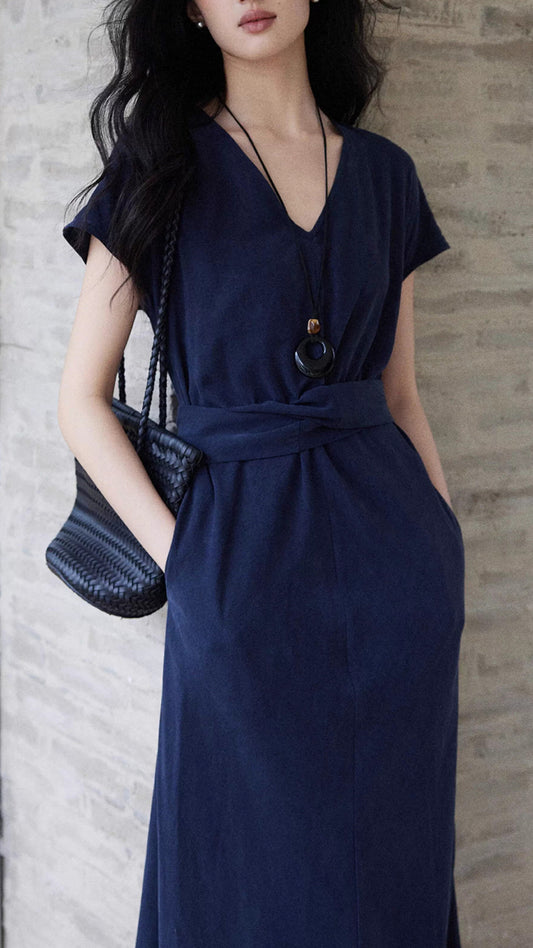 Plus Size Navy Blue V-Neck Short Sleeve Belted Pocket Maxi Dress