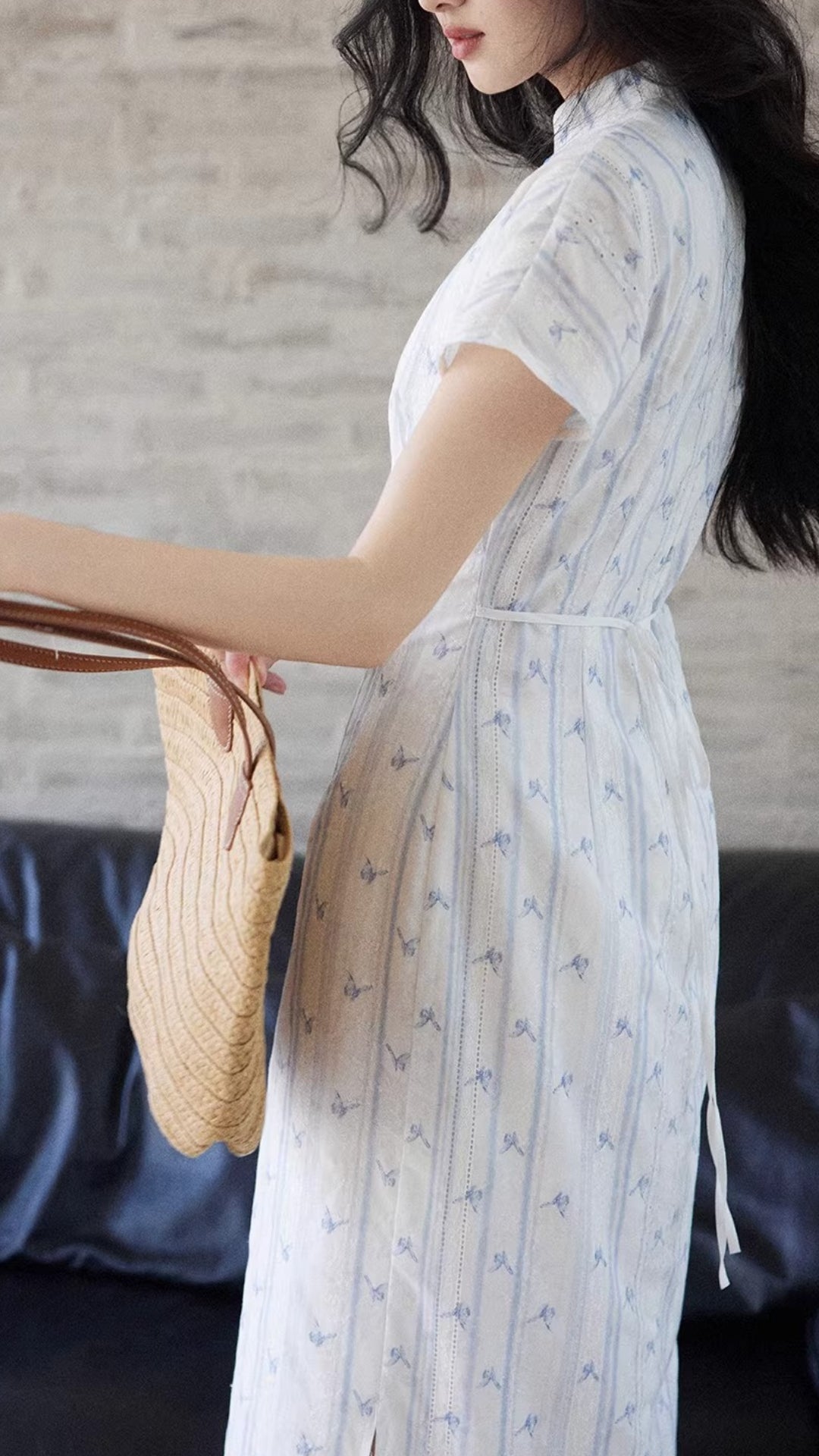 Plus Size White Striped Floral Print Qipao Collar Short Sleeve Bodycon Maxi Dress