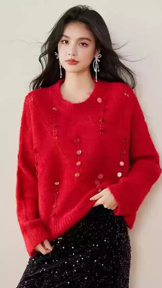 New Red O Neck Sequins Thick Cotton Knit Sweaters Winter