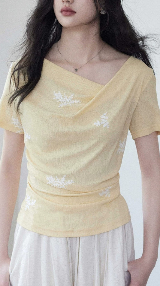 Yellow Cowl Neck Ruched Short Sleeve Top