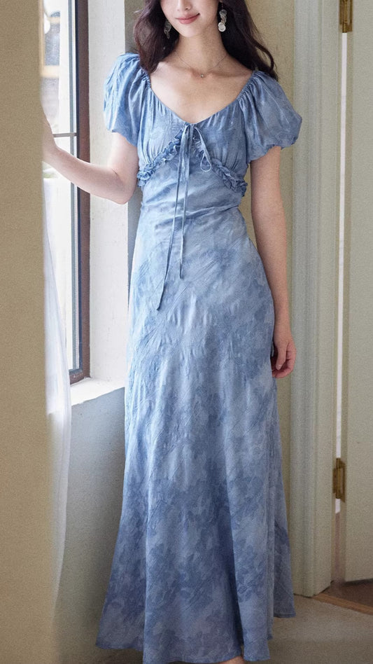 Elegant Blue Tie-Dye Puff Sleeve Midi Tencel Dress
