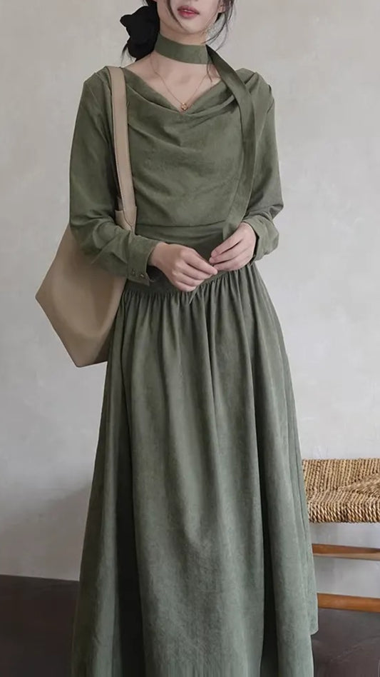 Vintage Olive Green Cowl Neck Halter Tie Long Sleeve Maxi Dress