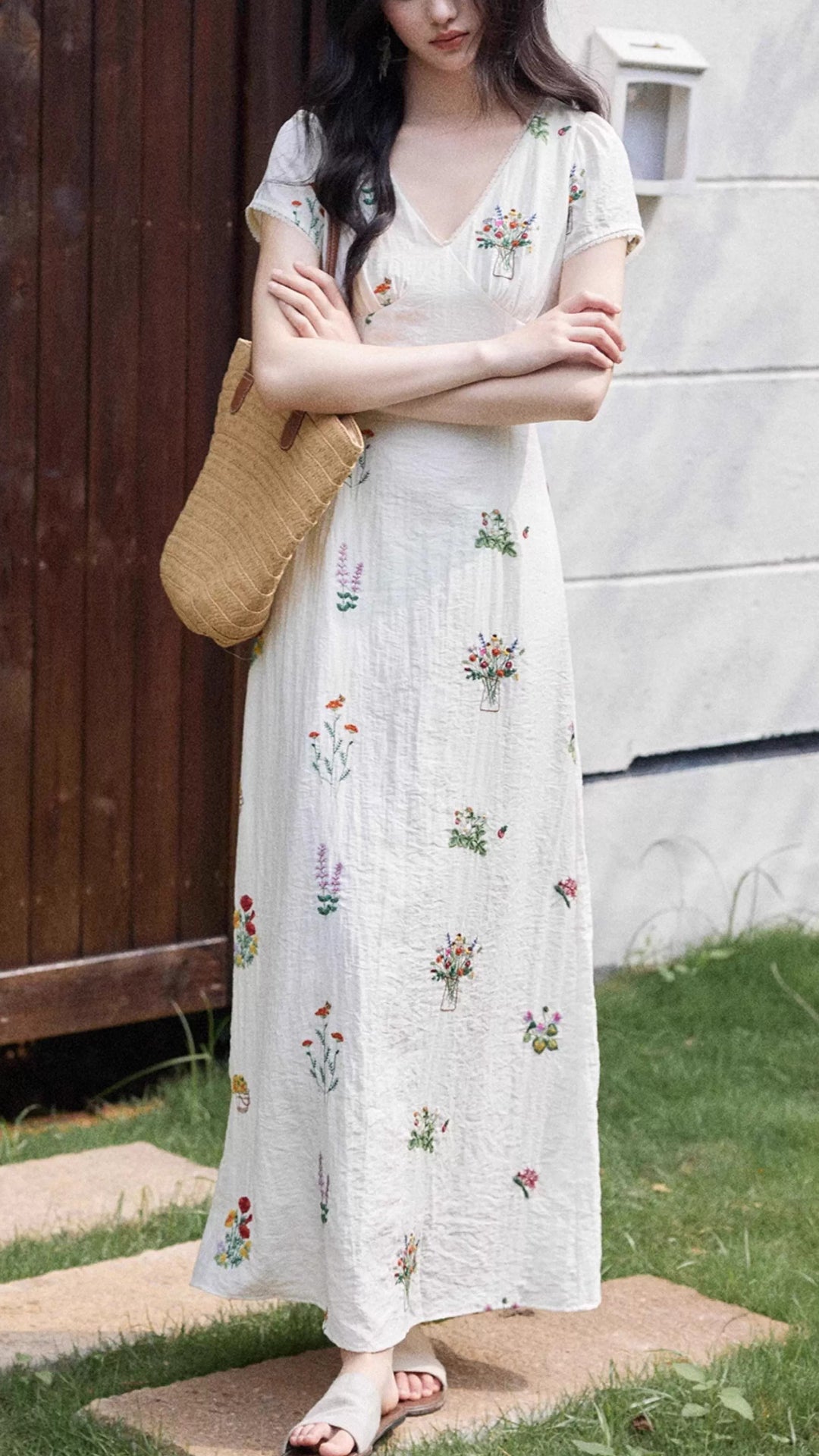 Plus Size White V-Neck Short Sleeve Floral Embroidered Maxi Dress