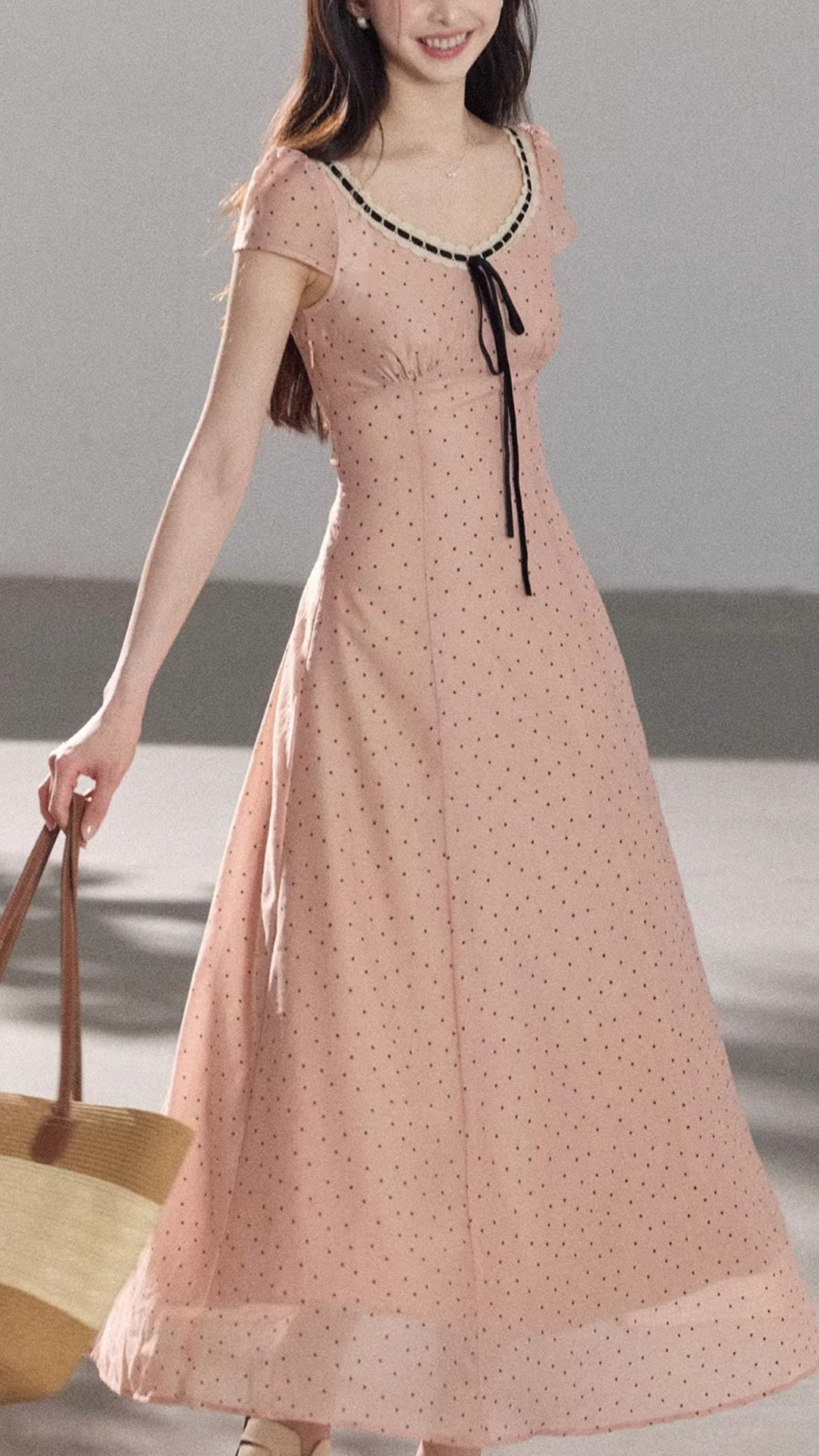 Vintage Pink Polka Dot Lace Trim Midi Dress