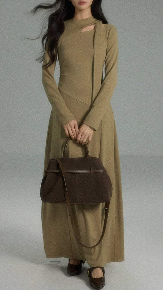 Elegant Olive Green Asymmetric Neck Ribbon Bodycon Midi Dress