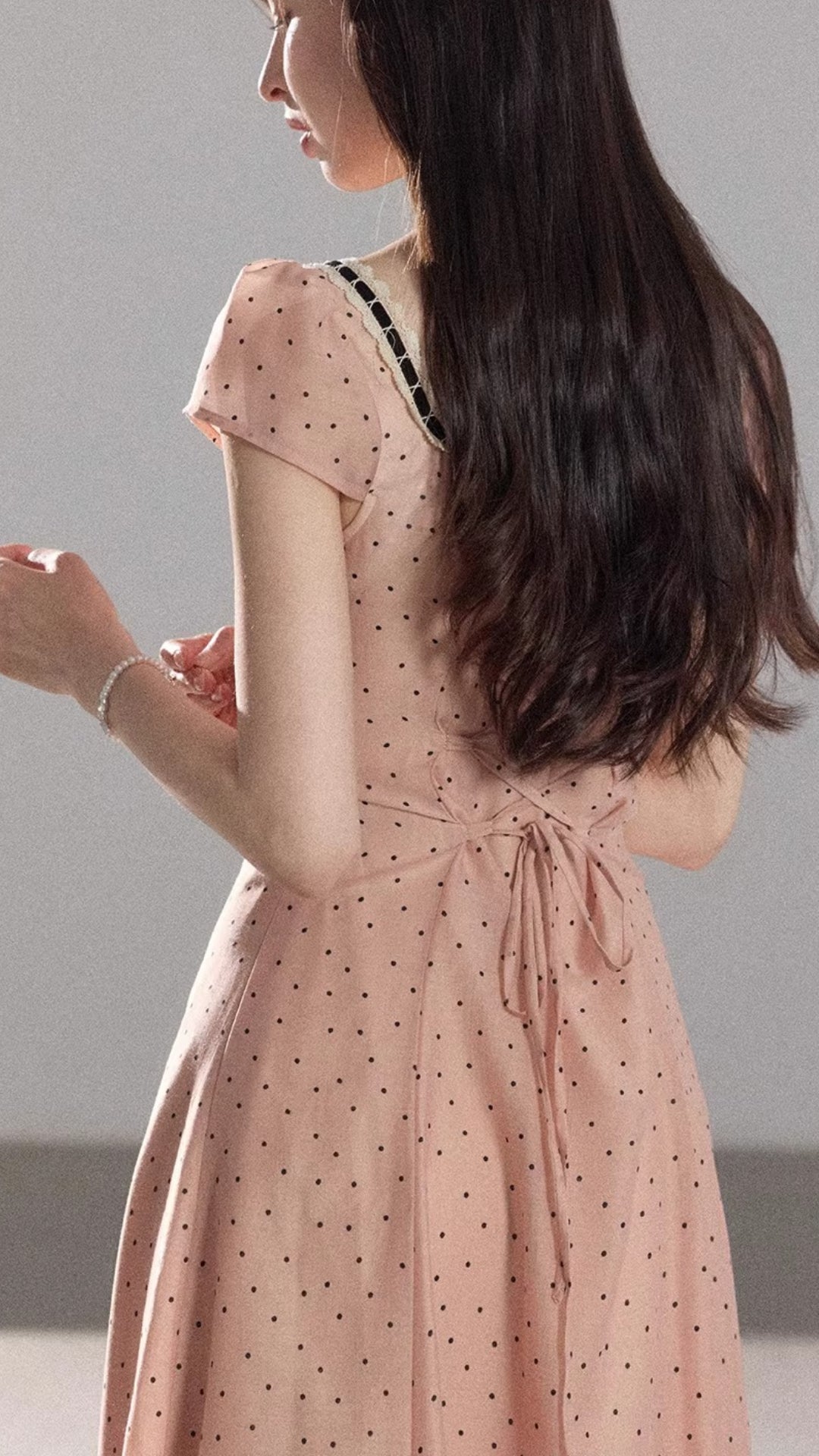 Vintage Pink Polka Dot Lace Trim Midi Dress