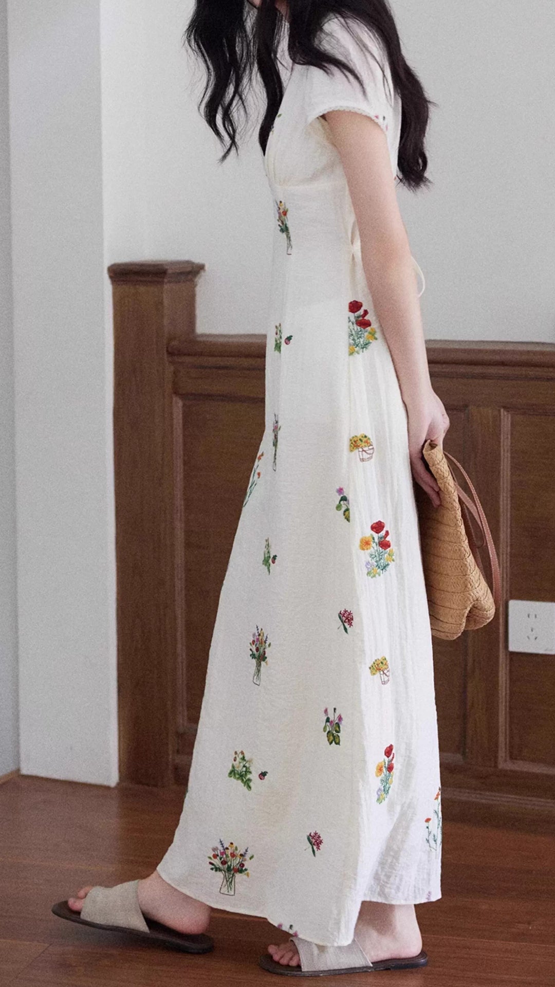 Plus Size White V-Neck Short Sleeve Floral Embroidered Maxi Dress