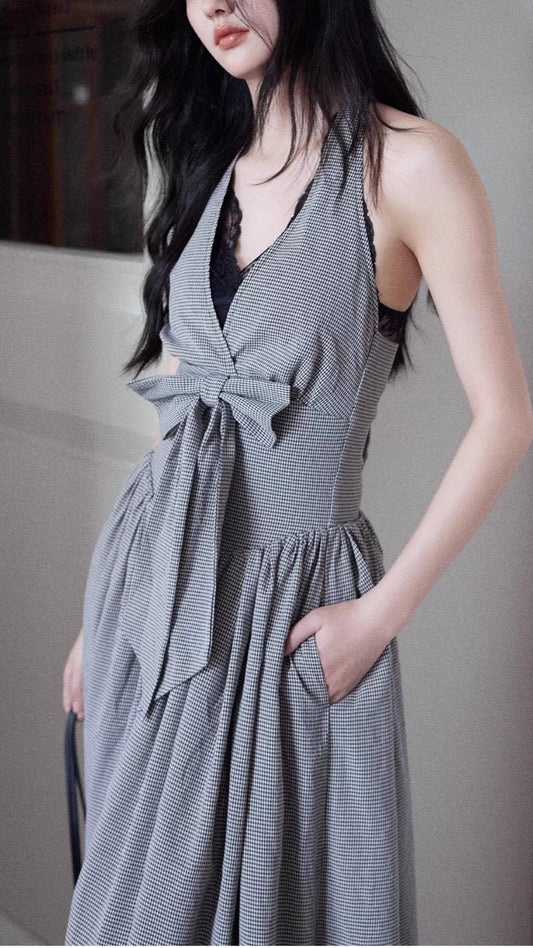 Gray Gingham Halter Neck Maxi Dress