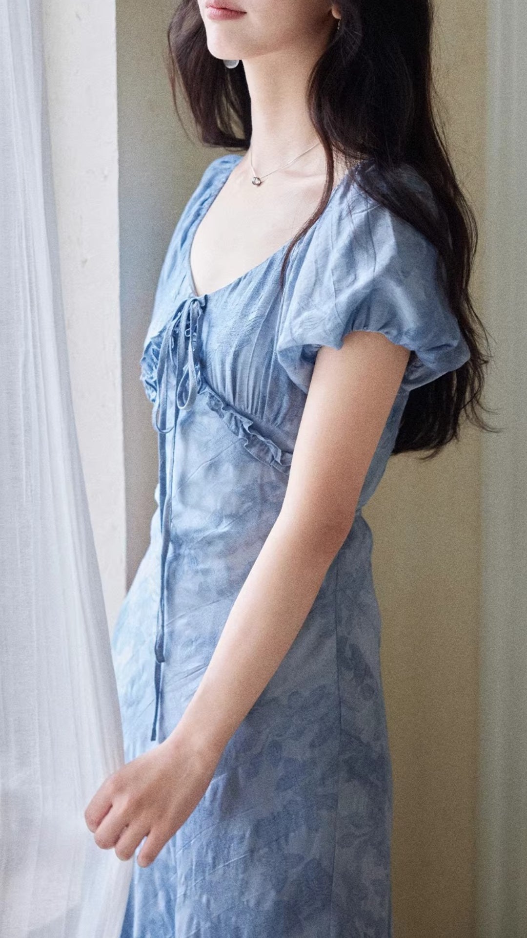 Elegant Blue Tie-Dye Puff Sleeve Midi Tencel Dress
