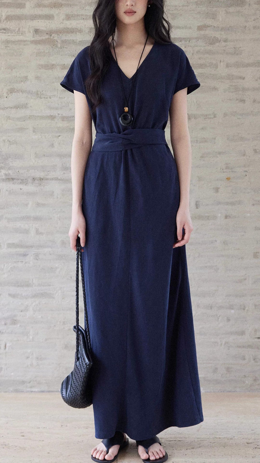 Plus Size Navy Blue V-Neck Short Sleeve Belted Pocket Maxi Dress