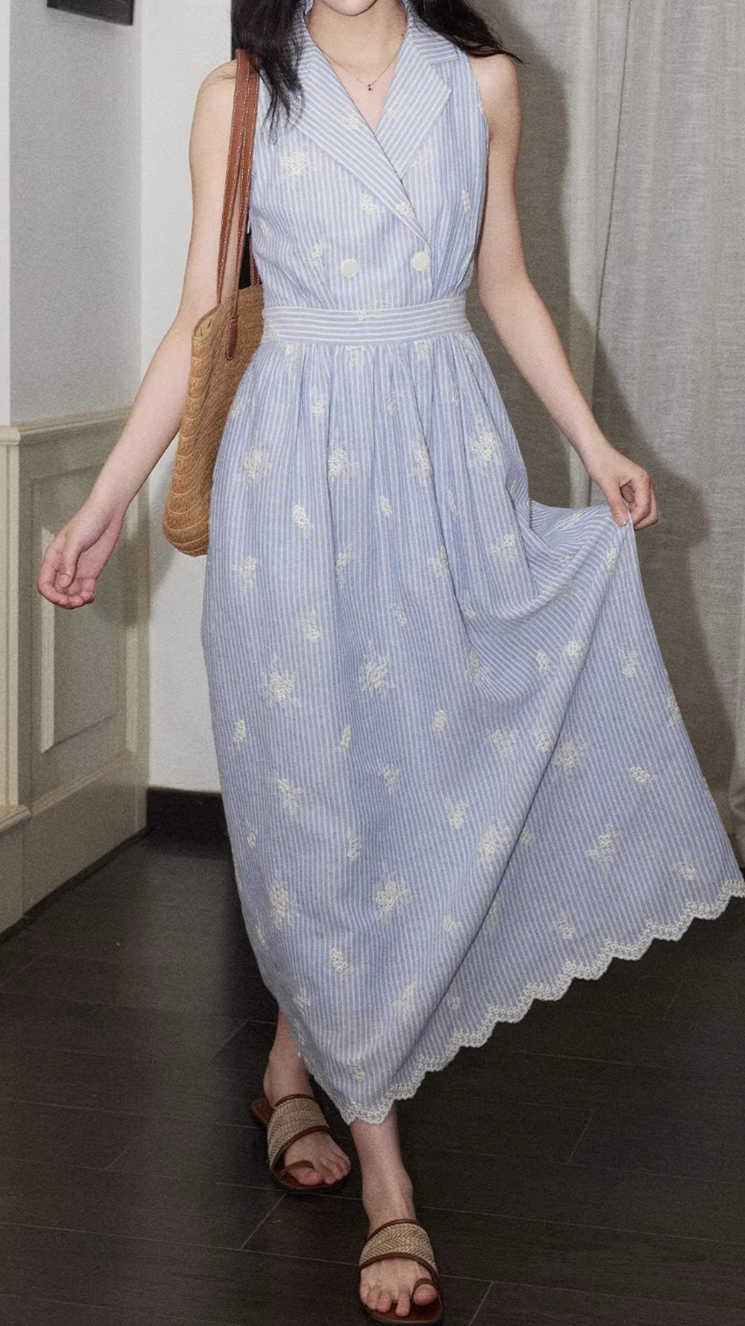 Casual Blue Stripe Floral Embroidered Belted Midi Shirt Dress