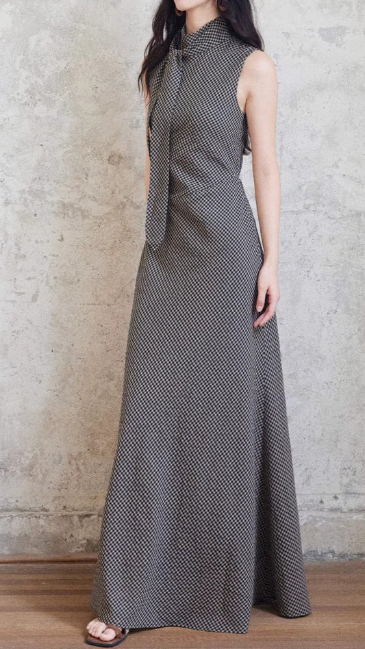 Plus Size Gray Houndstooth High Neck Tie Detail Sleeveless Maxi Dress