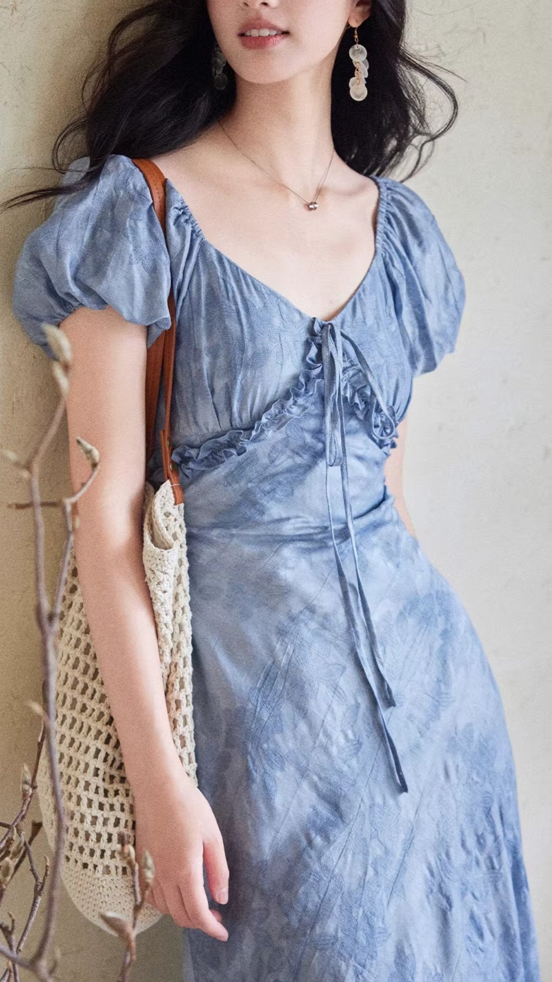 Elegant Blue Tie-Dye Puff Sleeve Midi Tencel Dress
