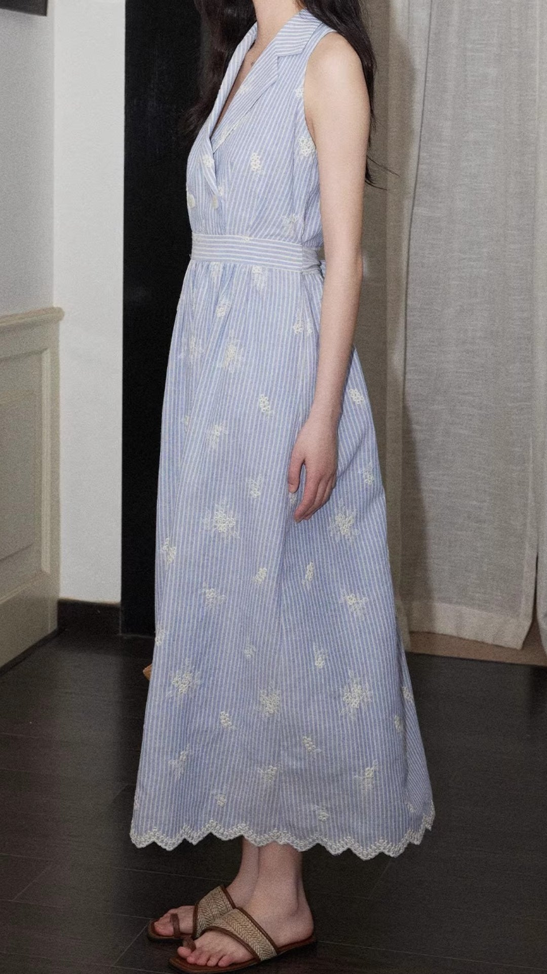 Casual Blue Stripe Floral Embroidered Belted Midi Shirt Dress