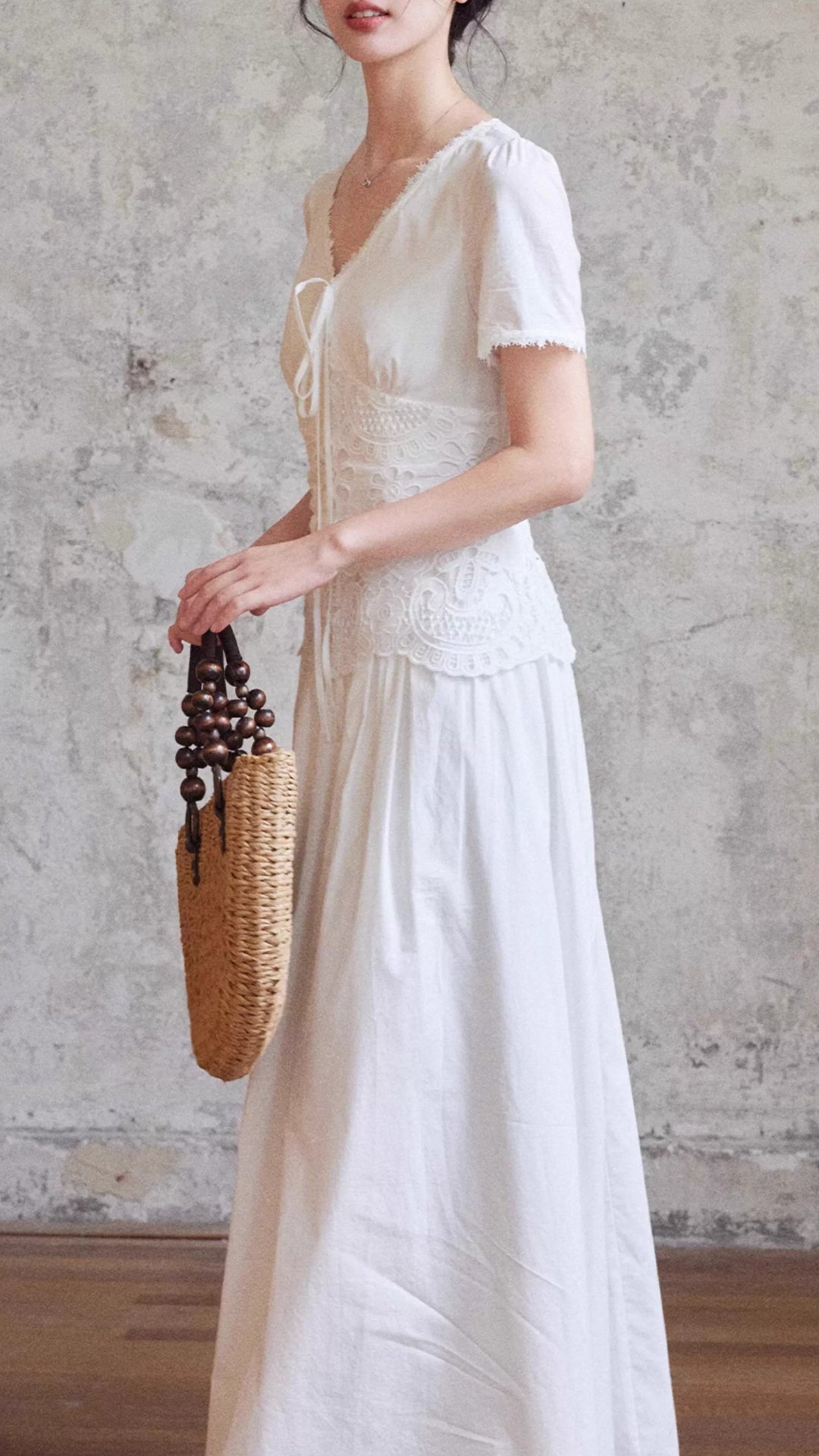 Elegant White V-Neck Short Sleeve Lace Midi Cotton Dress