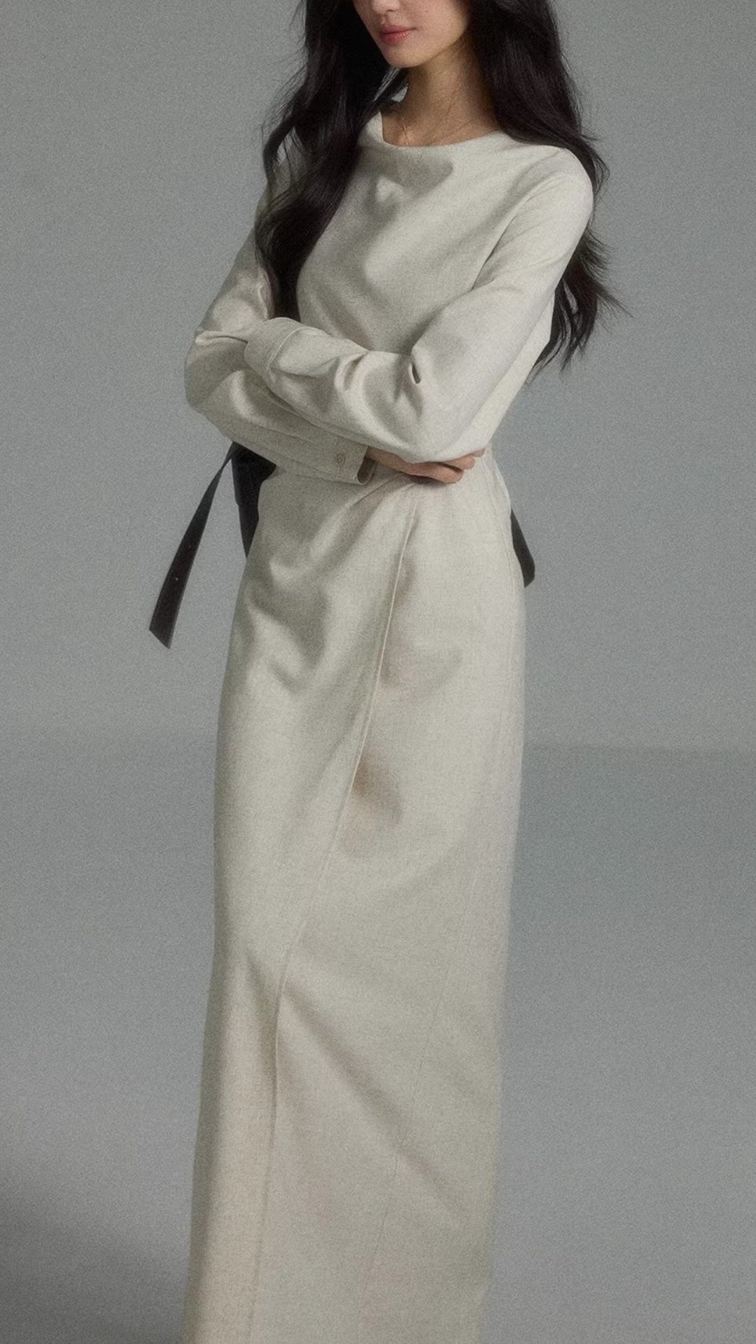 Light Beige Boat Neck Long Sleeve Belted Wrap Maxi Dress
