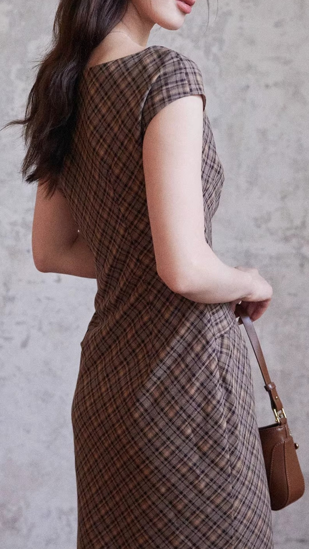 Plus Size Brown Plaid Boat Neck Cap Sleeve Belted Ruched Waist Slit Maxi Dress