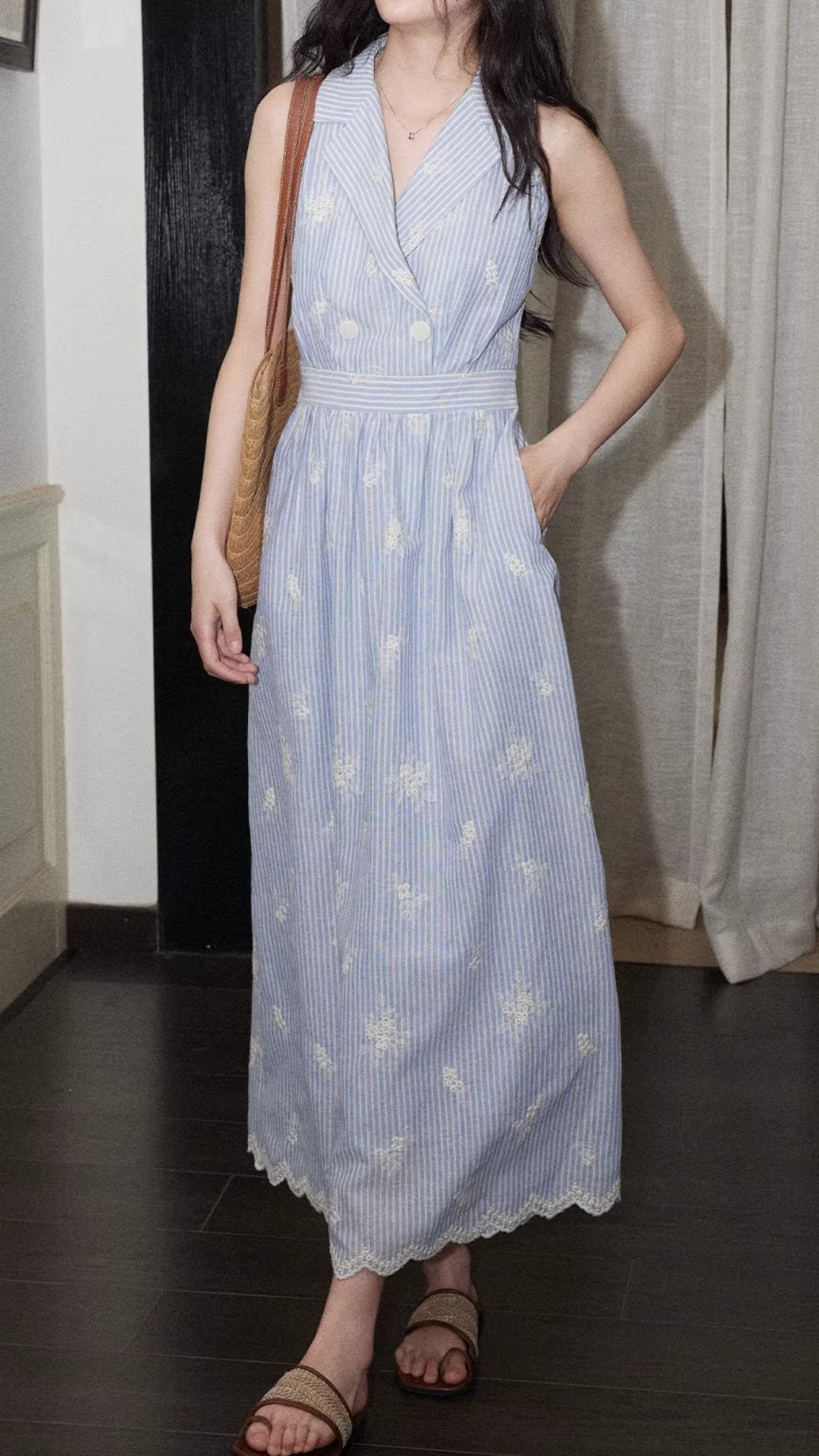 Casual Blue Stripe Floral Embroidered Belted Midi Shirt Dress