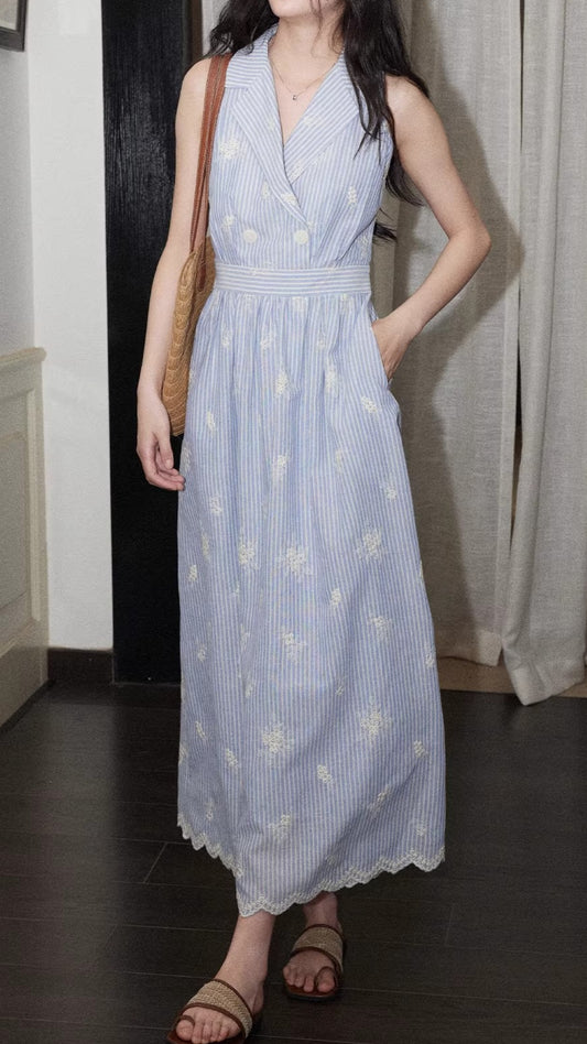 Casual Blue Stripe Floral Embroidered Belted Midi Shirt Dress