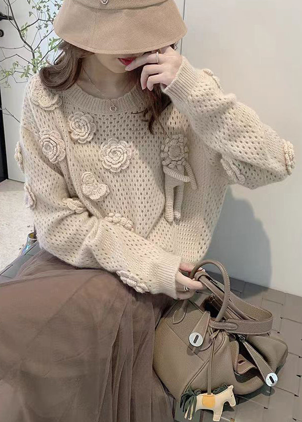 French Apricot O Neck Hollow Out Floral Knit Sweaters Fall