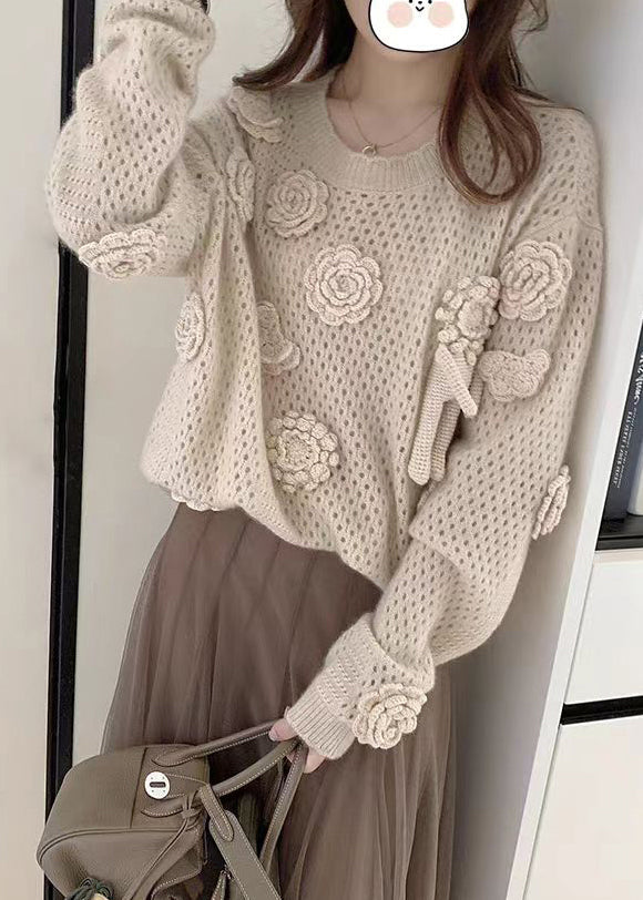 French Apricot O Neck Hollow Out Floral Knit Sweaters Fall