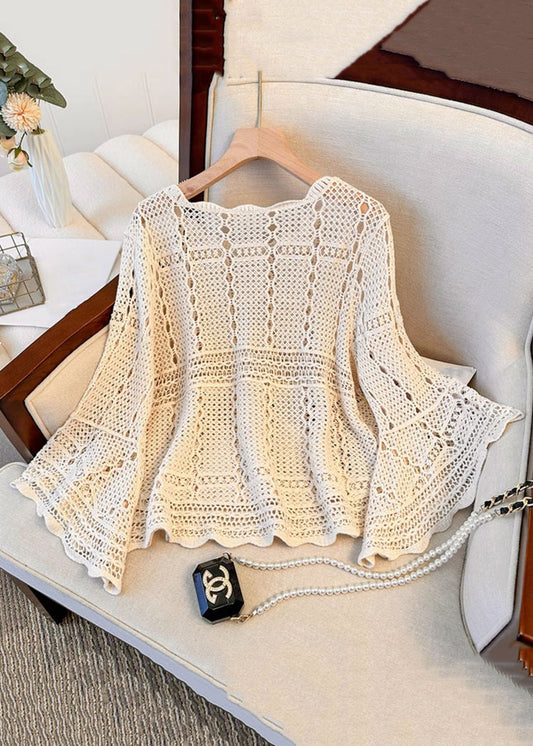 French Beige Hollow Out Cozy Knit Top Flare Sleeve