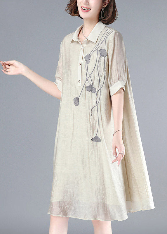 French Beige Embroidered Peter Pan Collar Button Long Dress Summer