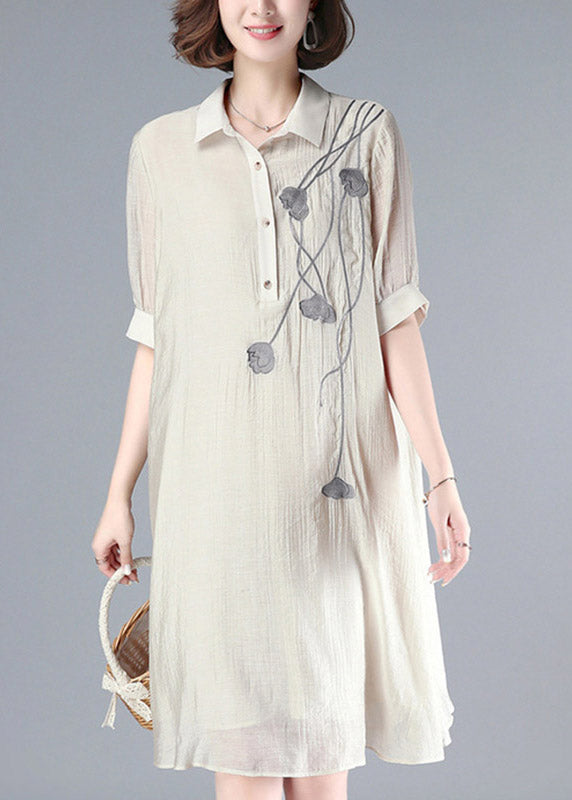 French Beige Embroidered Peter Pan Collar Button Long Dress Summer