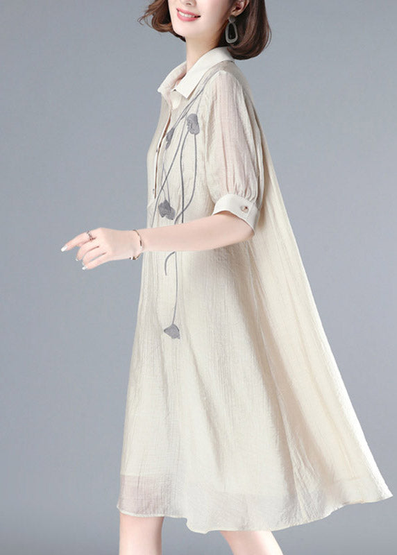 French Beige Embroidered Peter Pan Collar Button Long Dress Summer