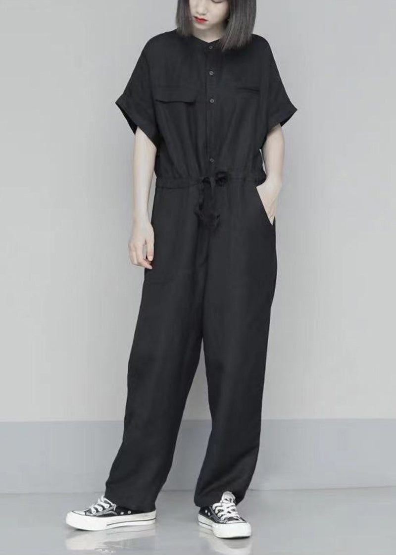 French Black Style Oversized Cotton Overalls Jumpsuit Summer