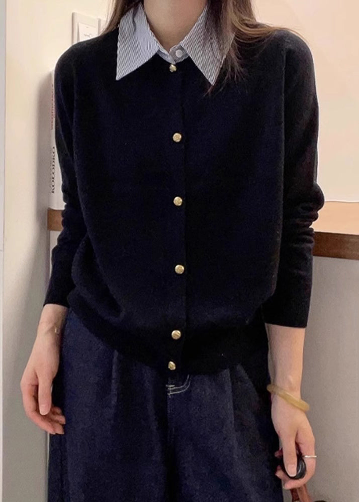 French Black Peter Pan Collar Button Patchwork Knit Top Fall