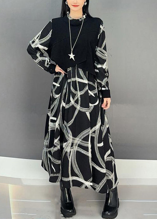 French Black Print Patchwork Cotton Maxi Dress Fall