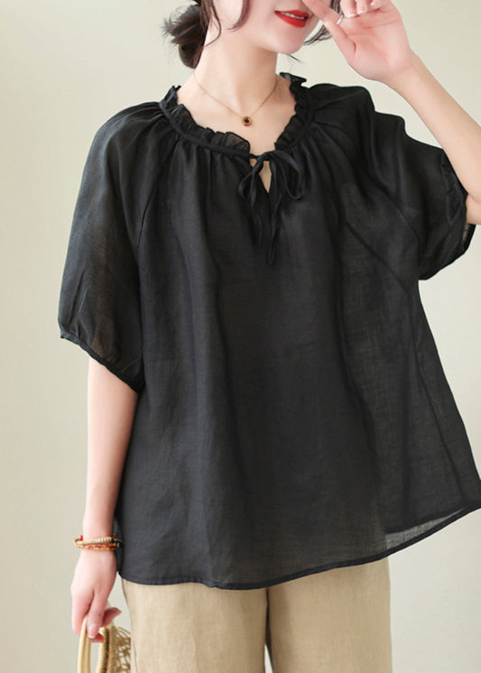 French Black Oversized Ruffle Linen Blouse Top Summer