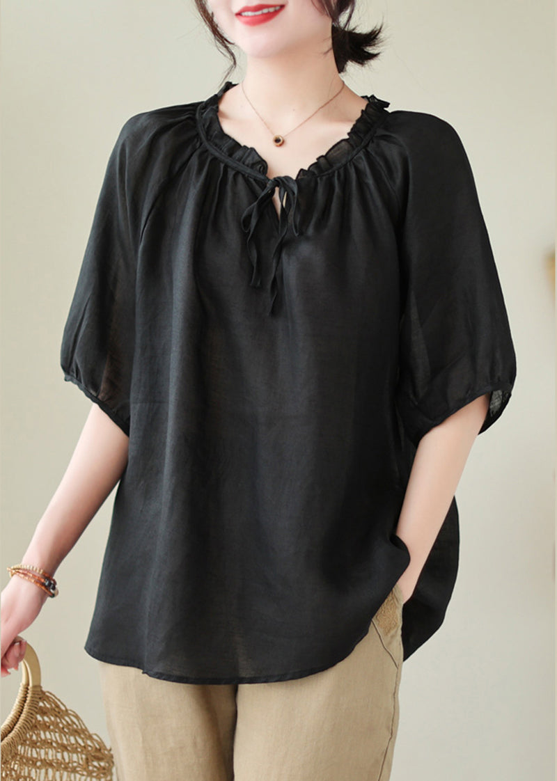 French Black Oversized Ruffle Linen Blouse Top Summer