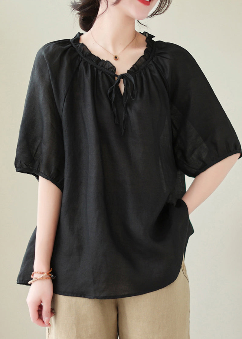 French Black Oversized Ruffle Linen Blouse Top Summer