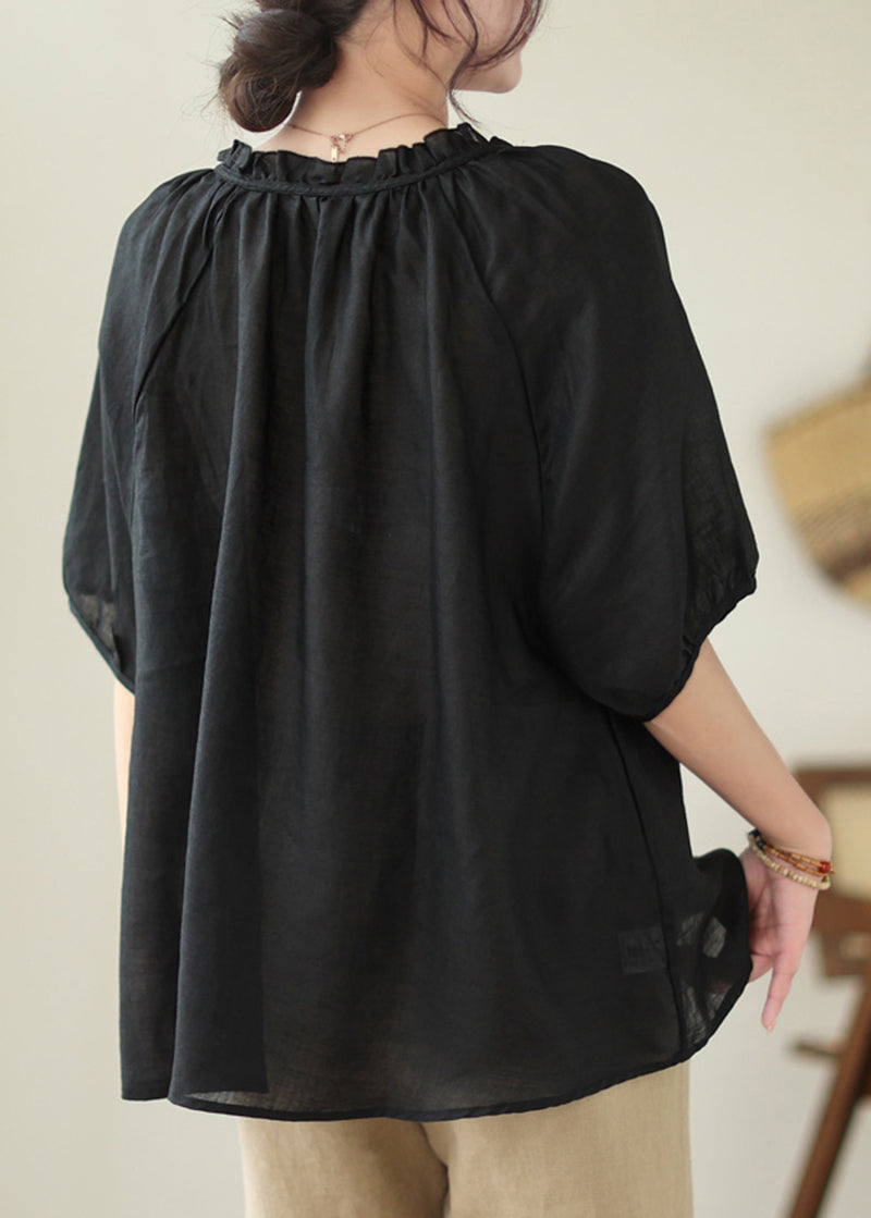 French Black Oversized Ruffle Linen Blouse Top Summer