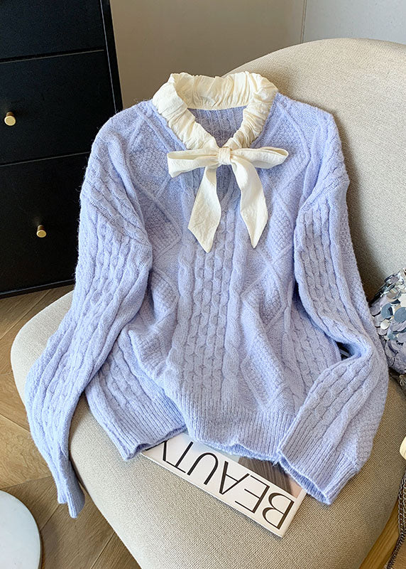 French Blue Bow Patchwork Knit Sweaters Tops Fall