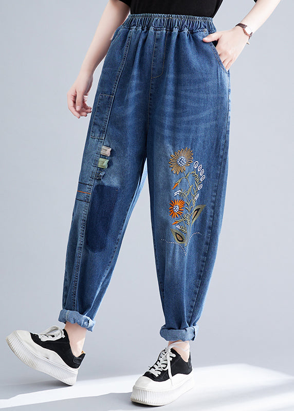 Summer French blue stitching embroidery denim harem pants