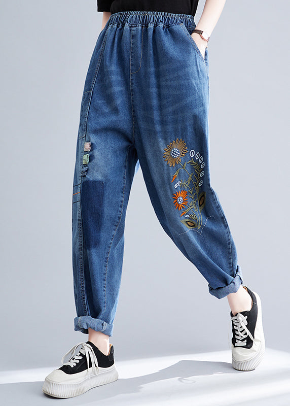 Summer French blue stitching embroidery denim harem pants