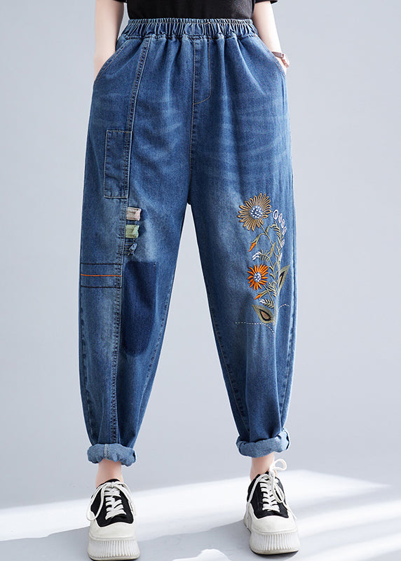 Summer French blue stitching embroidery denim harem pants