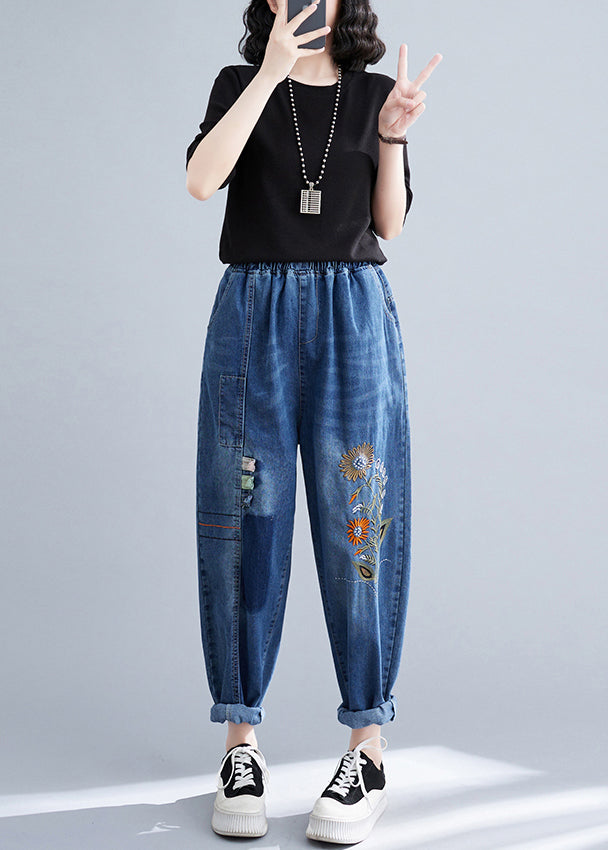 Summer French blue stitching embroidery denim harem pants